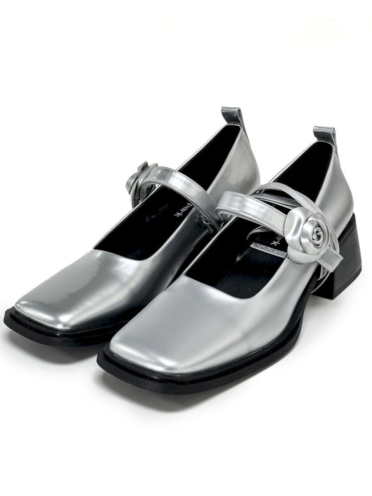 Silver Camellia Square Toe Mary Jane Leather Shoes【s0000006664】