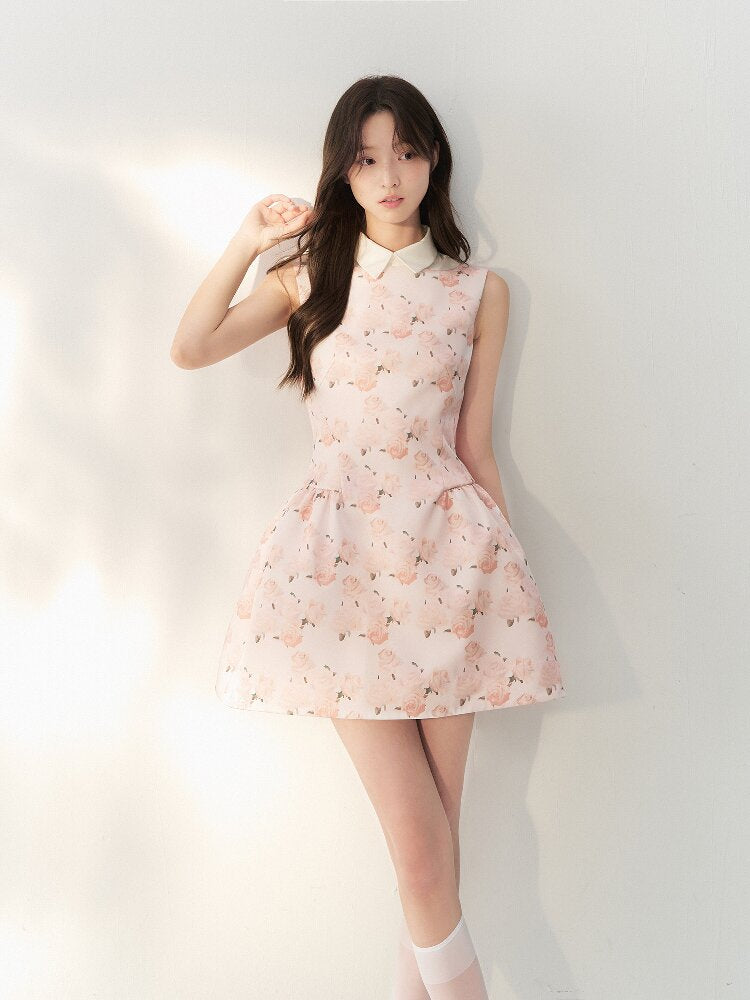Satin Rose Print Puff Sundress【s0000016877】