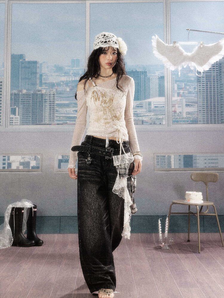 Plaid Ruffled Wide Leg Jeans【s0000016268】