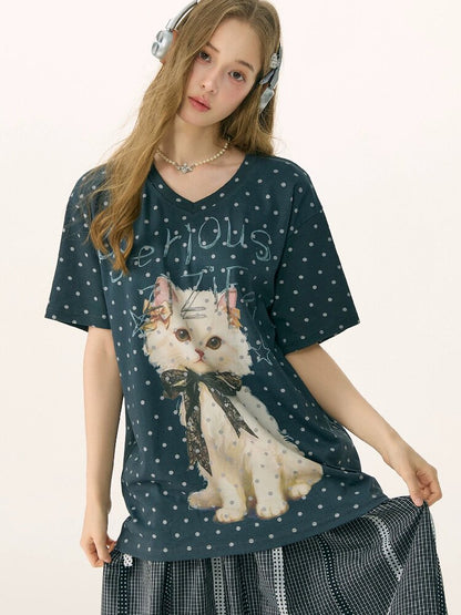 Loose Polka Dot Cat Print T-Shirt【s0000016856】