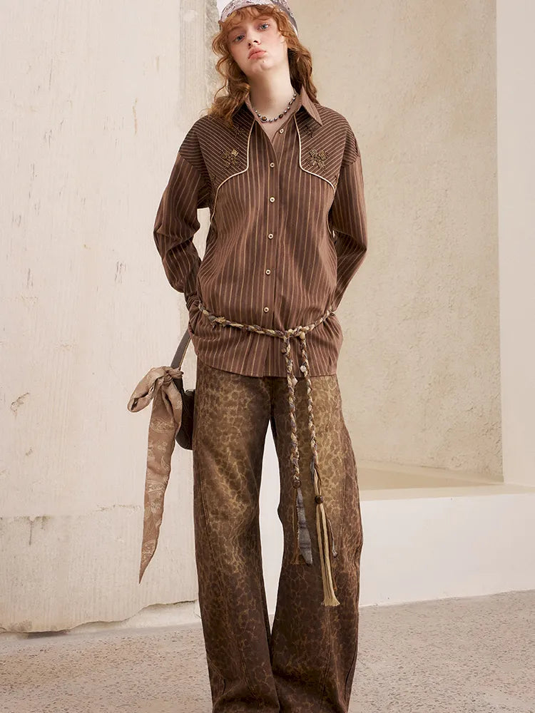 Velvet Beaded Contrast-Striped Vintage Shirt【s0000014079】