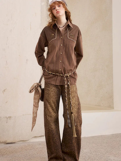 Velvet Beaded Contrast-Striped Vintage Shirt【s0000014079】