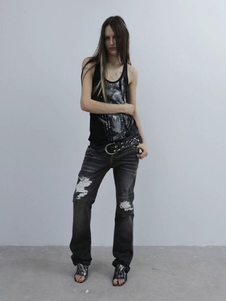 Low Waisted Black Ripped Jeans【s0000016564】