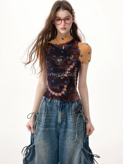 Star Cat Print Pleated T Shirt【s0000017314】