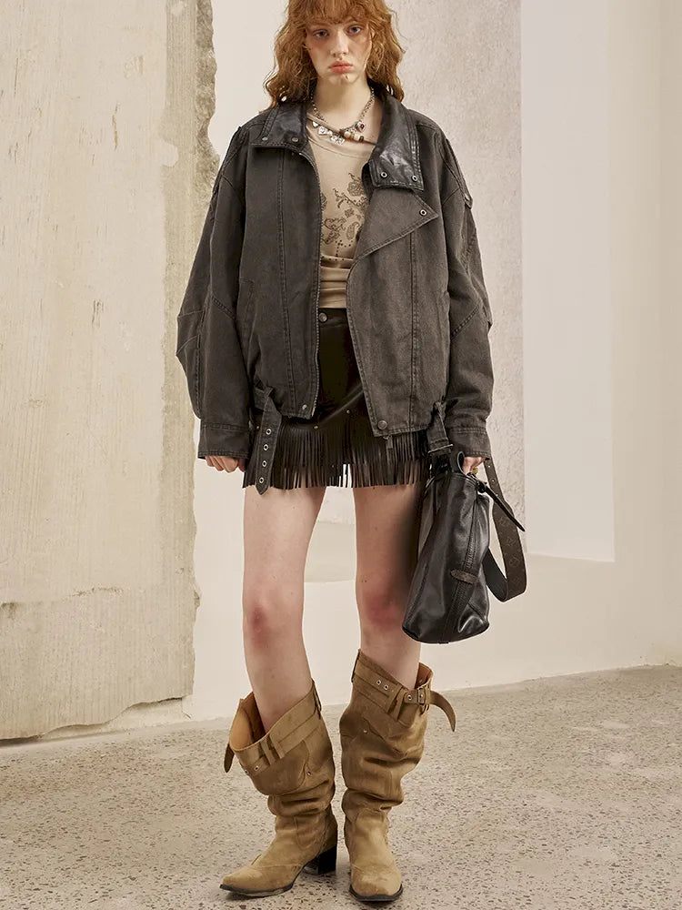 Padded Collar Patchwork Washed Denim Jacket【s0000014069】