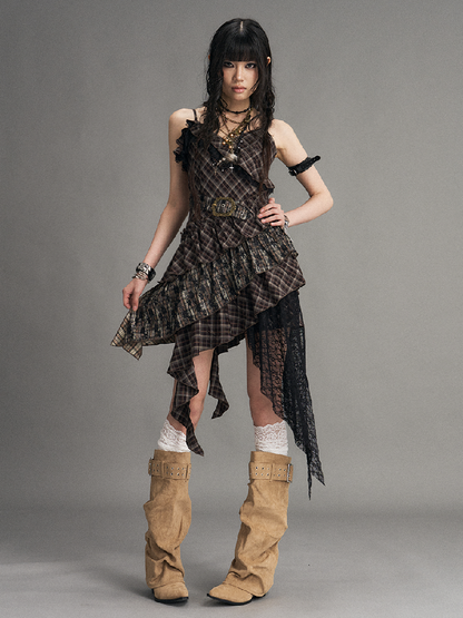 Vintage Patchwork Lace Plaid Dress【s0000017532】