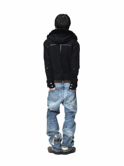 Washed Plaid Ripped Bootcut Jeans【s0000018224】