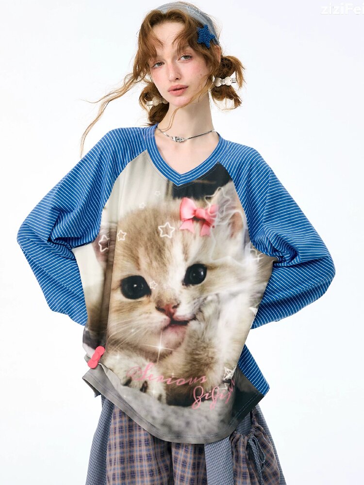 Striped Cat Print Sweatshirt Top【s0000017881】