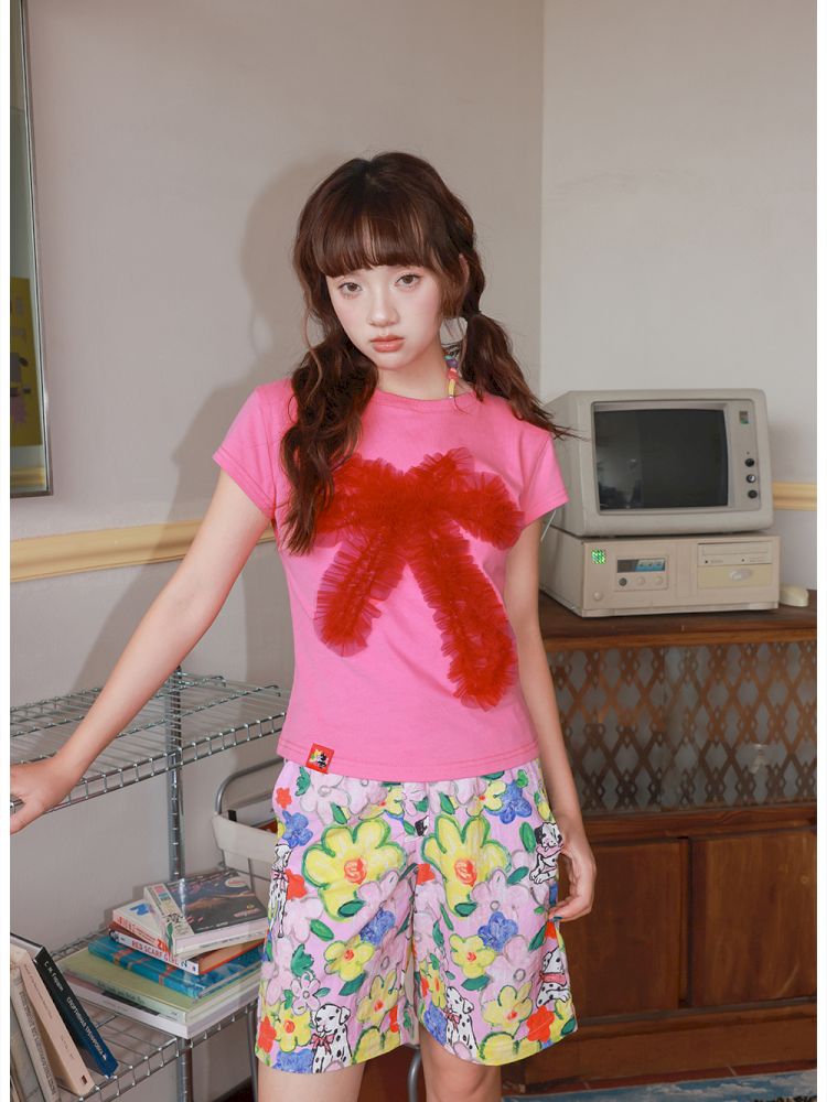 Two-tone mesh bow T-shirt【s0000012828】