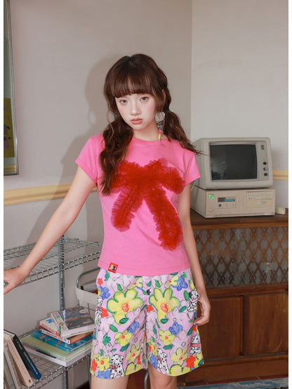 Two-tone mesh bow T-shirt【s0000012828】