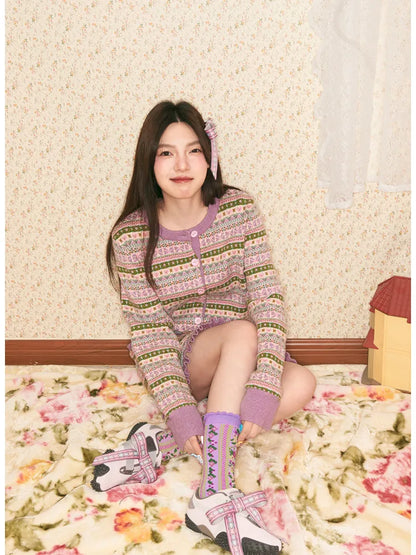 Geometric Knit Cardigan and Skirt Set【s0000014142】