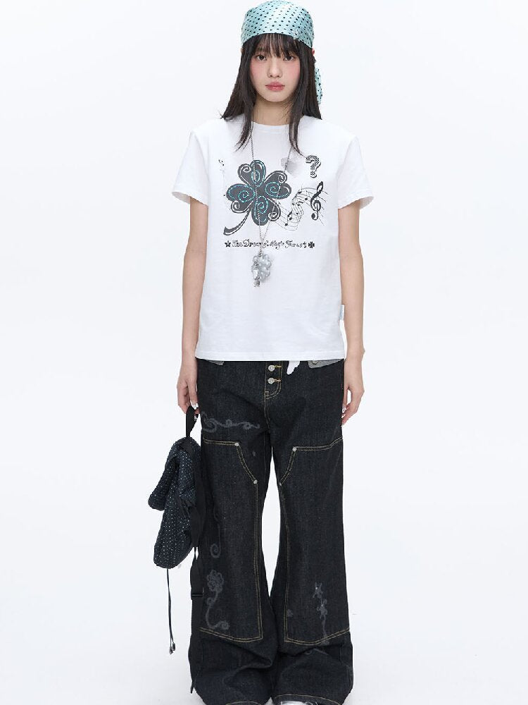 White Melody Shoulder Sleeve T-Shirt【s0000016381】