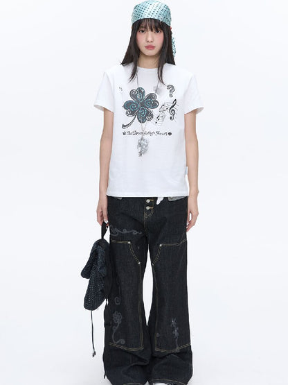 White Melody Shoulder Sleeve T-Shirt【s0000016381】