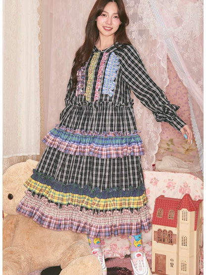 Colorful Lace Plaid Patchwork Black Dress【s0000014823】