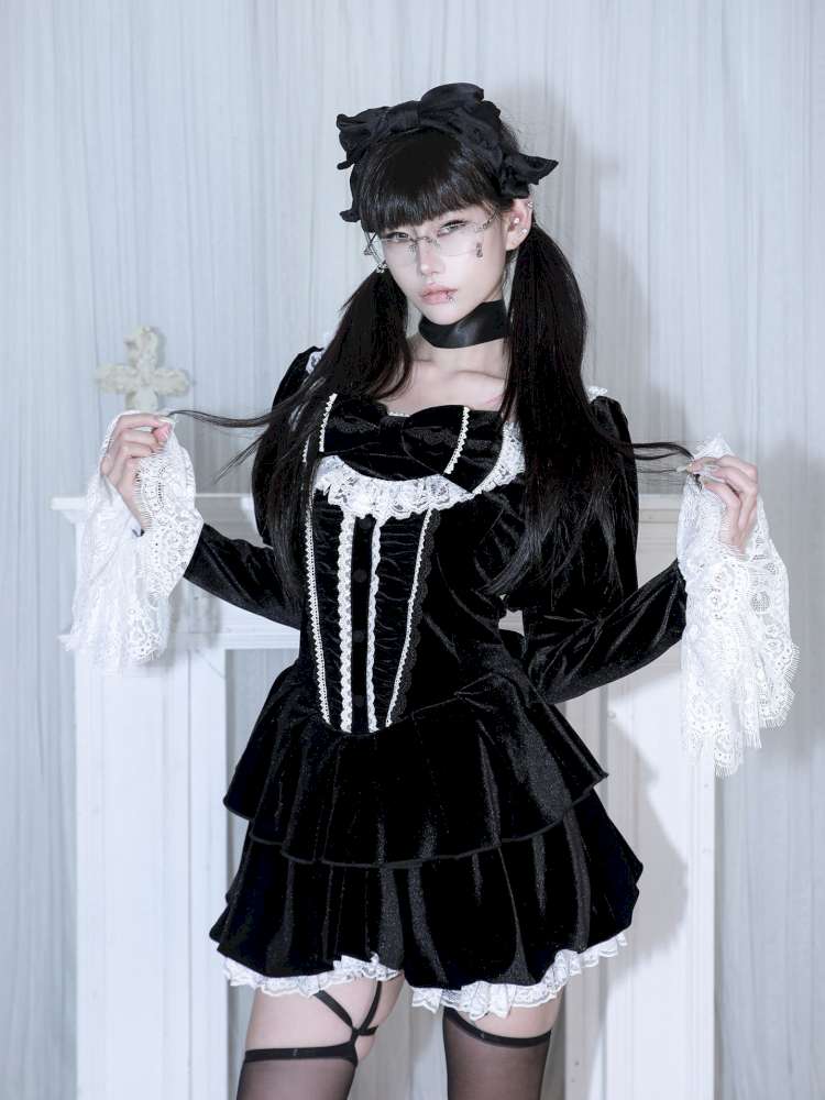 Bow Black Velvet Paneled Lace Dress【s0000014680】