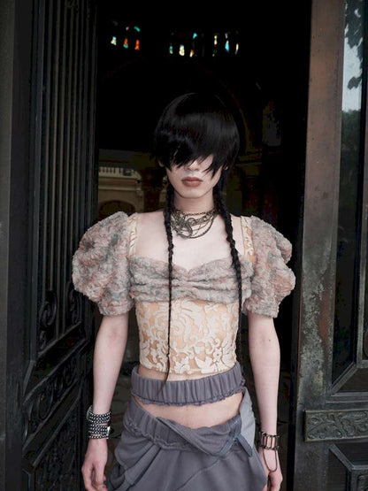 Patchwork Sheer Bud Strap Court Top【s0000015145】