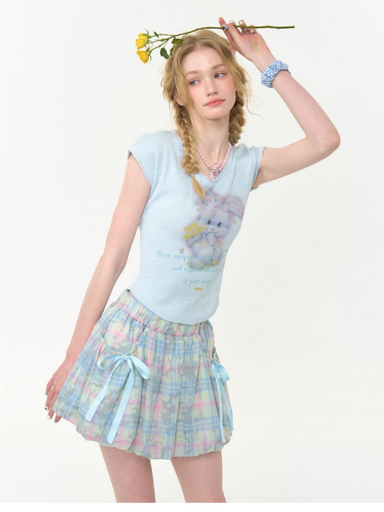 V-neck Baby Blue Short Sleeve T-shirt【s0000012268】
