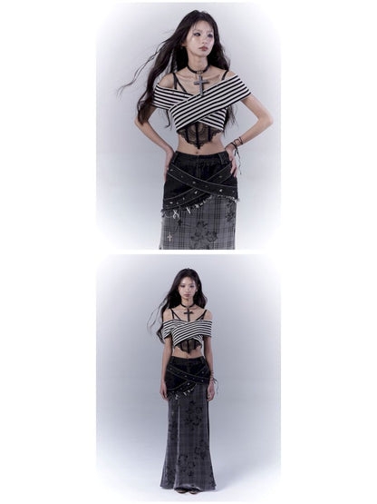 One-shoulder striped hot bustier top【s0000012839】