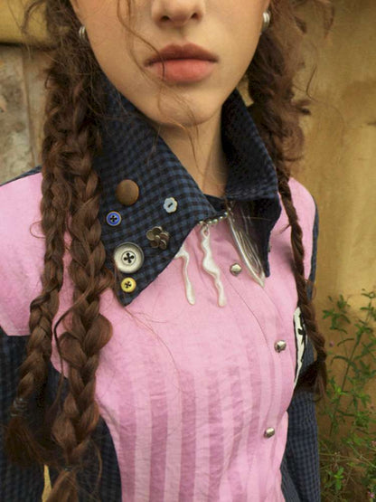 Pink Blue Plaid Multi-Button Shirt【s0000014897】