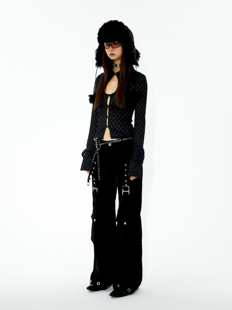 D-ring air eyelets decorated loose thin straight pants【s0000006272】