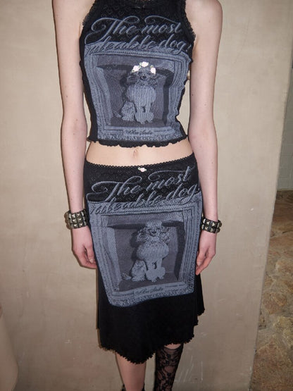 Vintage Dog Print Vest Midi Skirt【s0000016905】