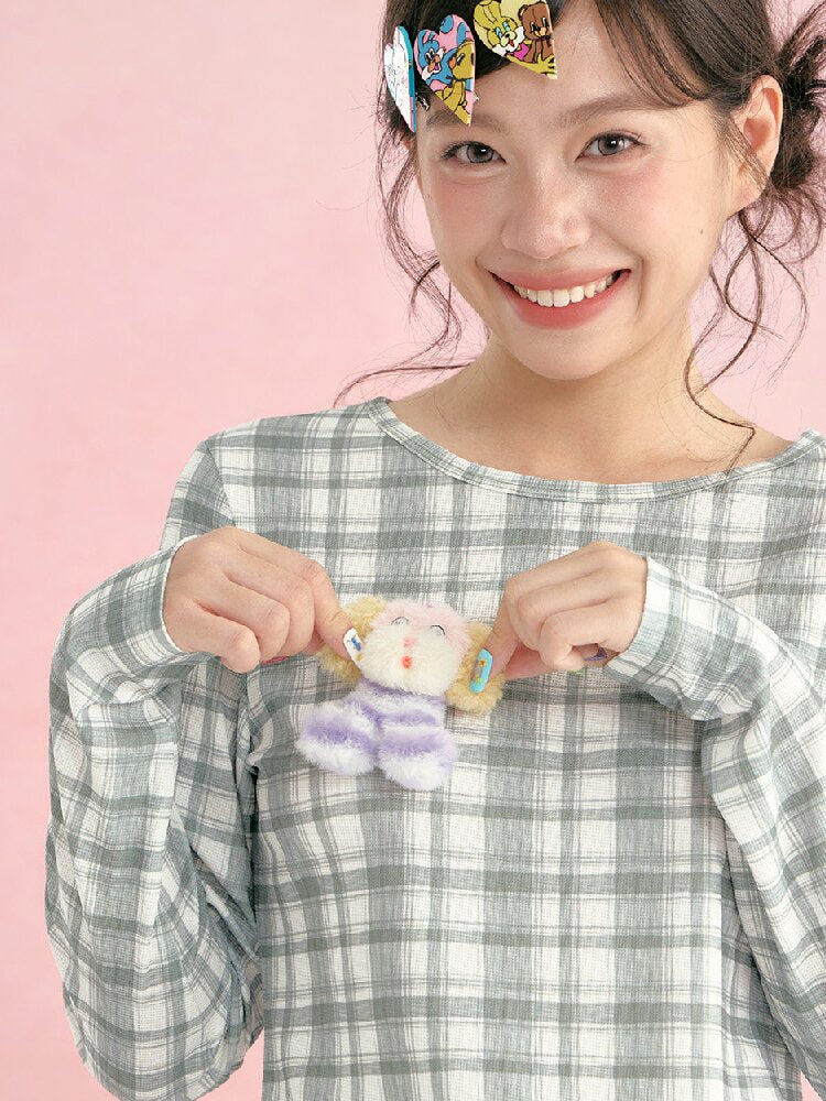 Plaid Crew Neck Waffle Print Top【s0000019249】