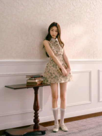 Rose Oil Painting Shirt Collar Sleeveless Dress【s0000014340】