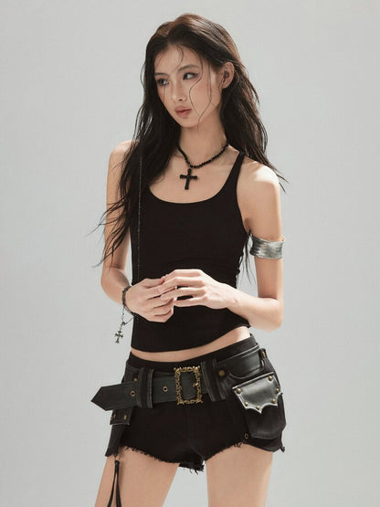 Black Irregular Leather Shorts【s0000015607】