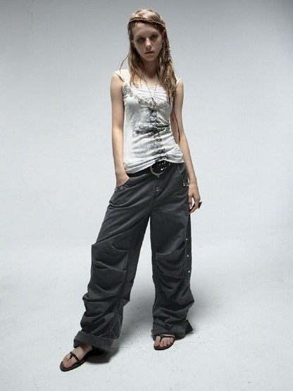 Pleated Studded Washed Cotton Trousers【s0000012211】