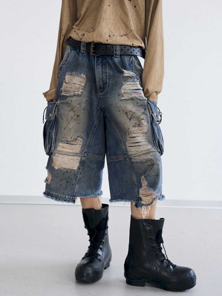 Washed and Ripped Denim Seven-Point Pants【s0000012476】