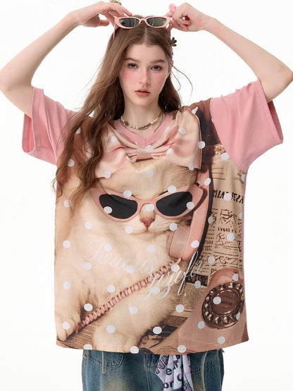 Wave Cat Print Loose Short Sleeve T【s0000017670】