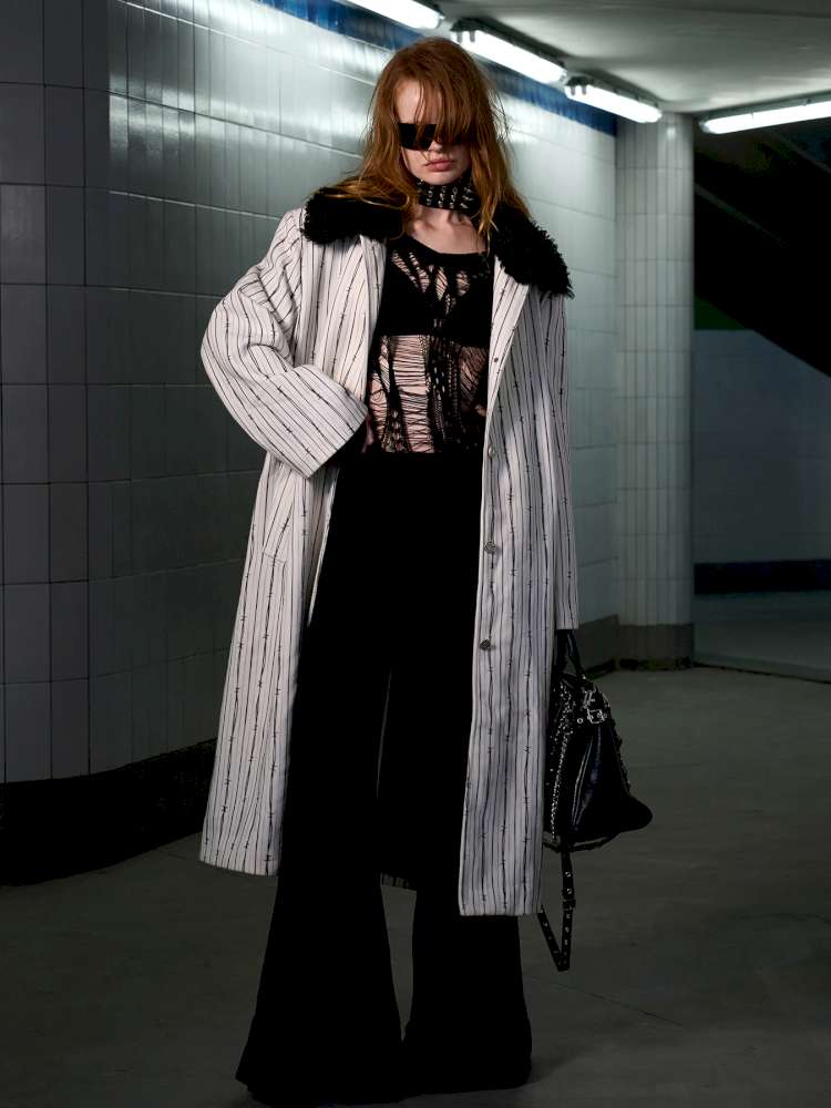 Thorn Stripe Panel Fur Collar Coat【s0000014642】