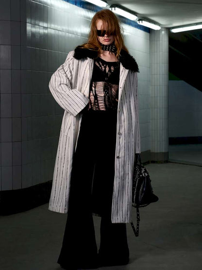 Thorn Stripe Panel Fur Collar Coat【s0000014642】