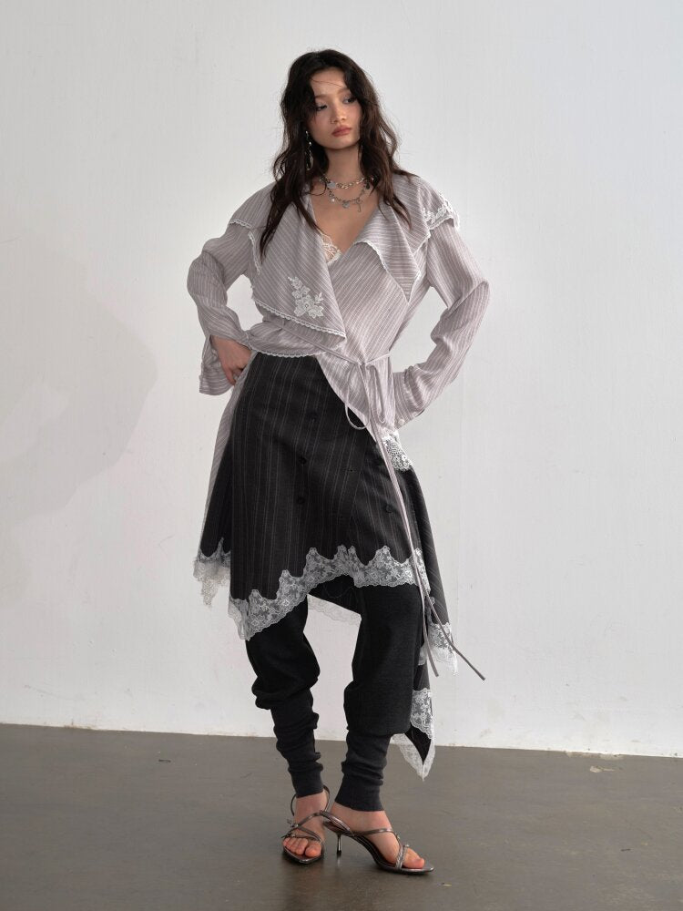 Lace Applique Ruffled Striped Shirt【s0000015700】