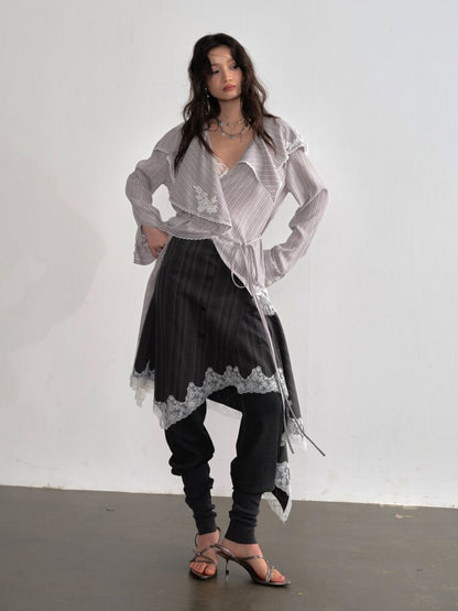 Lace Applique Ruffled Striped Shirt【s0000015700】