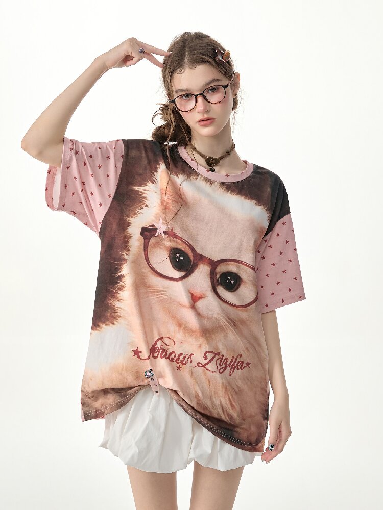 Retro Cat Star Cat Print T Shirt【s0000017266】