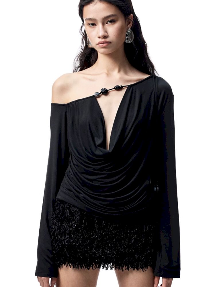 Beaded Swing Neck Strapless Long Sleeve Blouse【s0000012404】