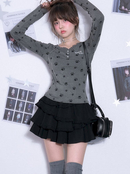 V-neck Long Sleeve Slim Printed Gray T-shirt【s0000011663】