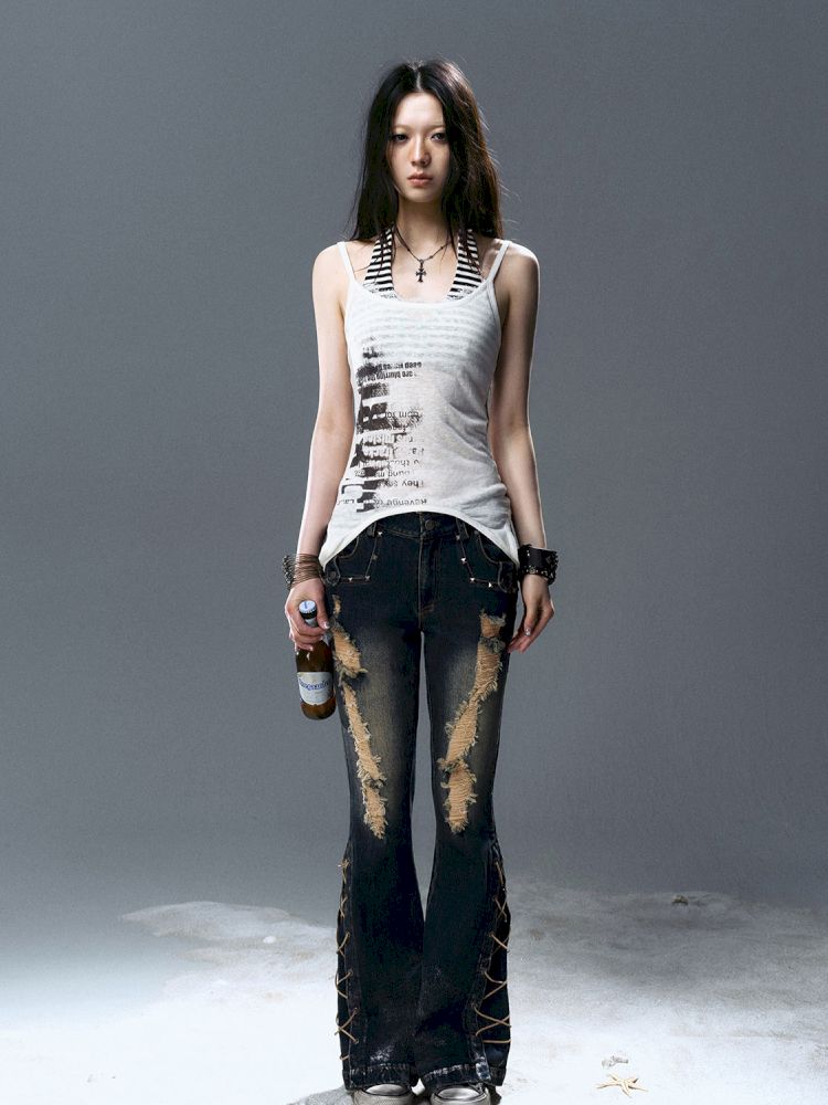 No-wash slim-fit ripped low-rise jeans【s0000012805】