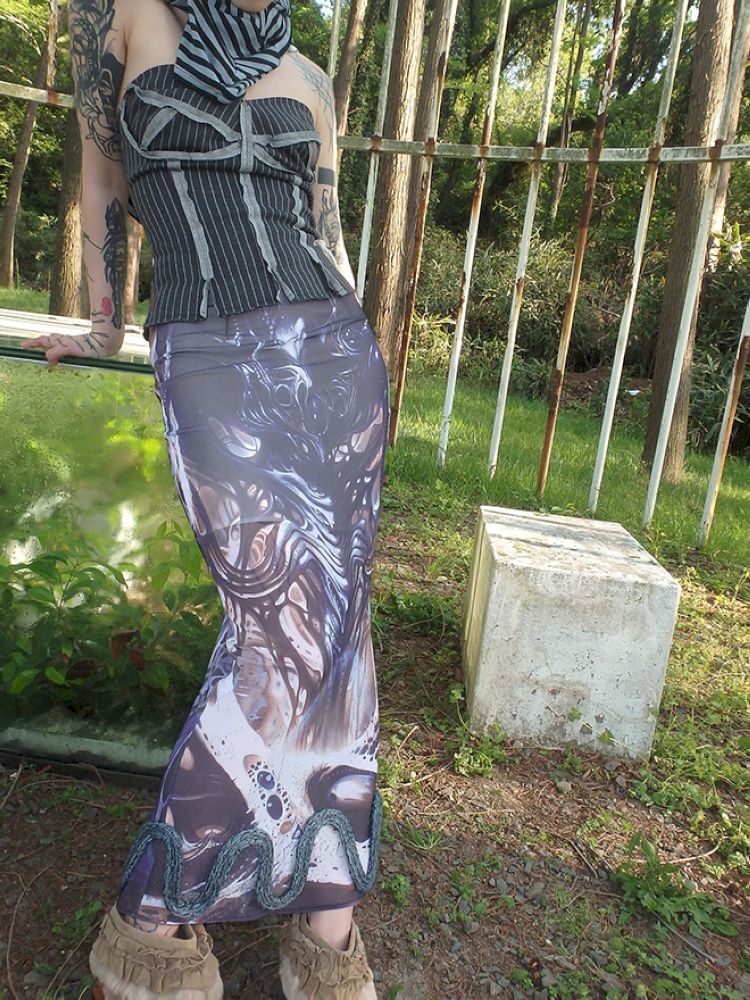 Printed Shaped Slit Mesh Half-body Dress【s0000012466】