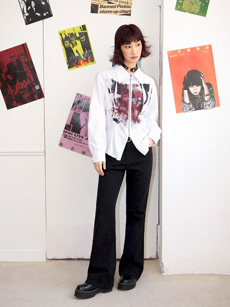 Drop Shoulder Waisted Printed Long Sleeve Shirt【s0000011641】