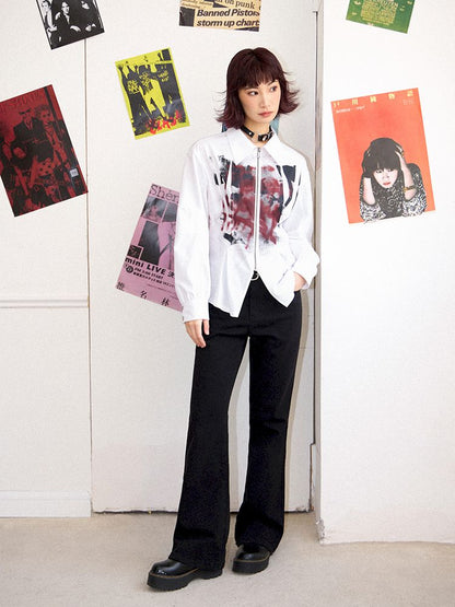 Drop Shoulder Waisted Printed Long Sleeve Shirt【s0000011641】