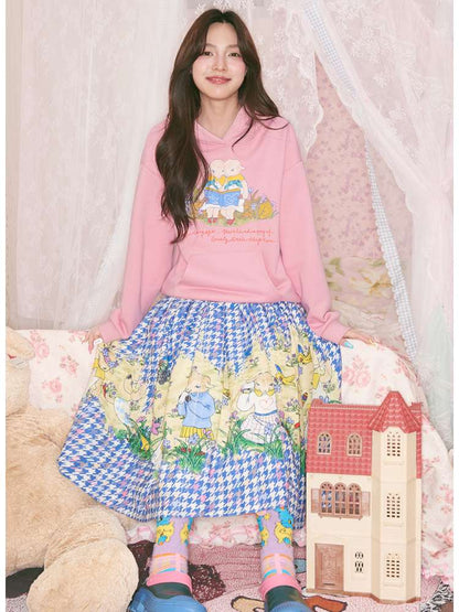 Pink Lamb Illustration Print Hooded Sweatshirt【s0000014820】