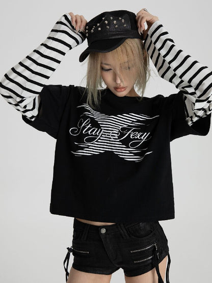 Black White Patchwork Long T-Shirt【s0000018563】