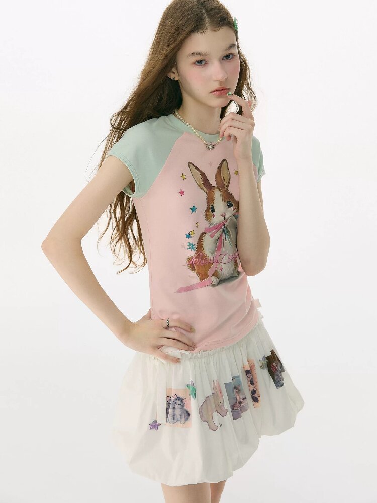 Summer Retro Contrast Rabbit T Shirt【s0000017159】