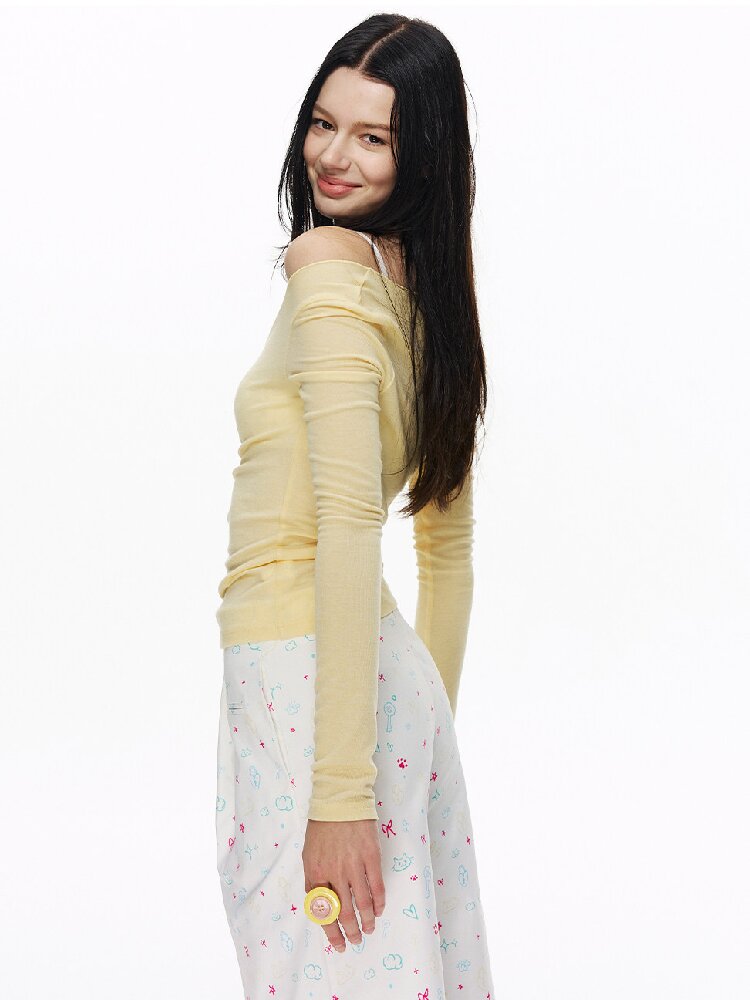 Peach Heart Neck Shirring T-Shirt【s0000015858】