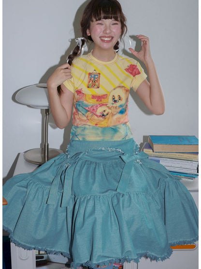 Bow Fringe Patchwork Denim Skirt【s0000013928】