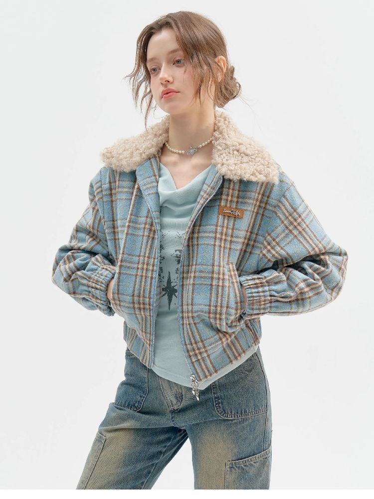 모피 칼라 슬림 블루 격자 무늬 짧은 코트 [S0000011507]