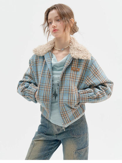 모피 칼라 슬림 블루 격자 무늬 짧은 코트 [S0000011507]