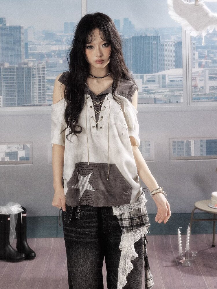 Hooded Tie Dye Five Pointed Star Top【s0000016536】